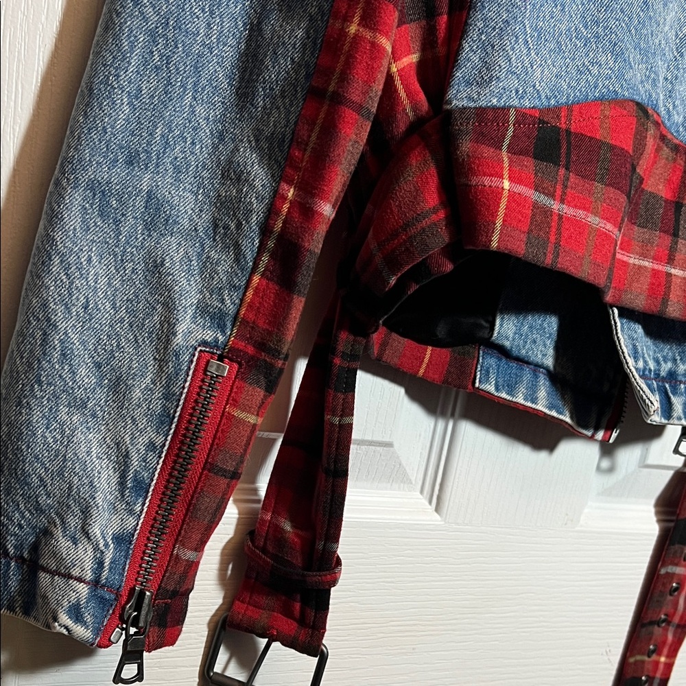 Alice + Olivia - Cody Checked Flannel And Denim Biker Jacket - Picture 7 of 10